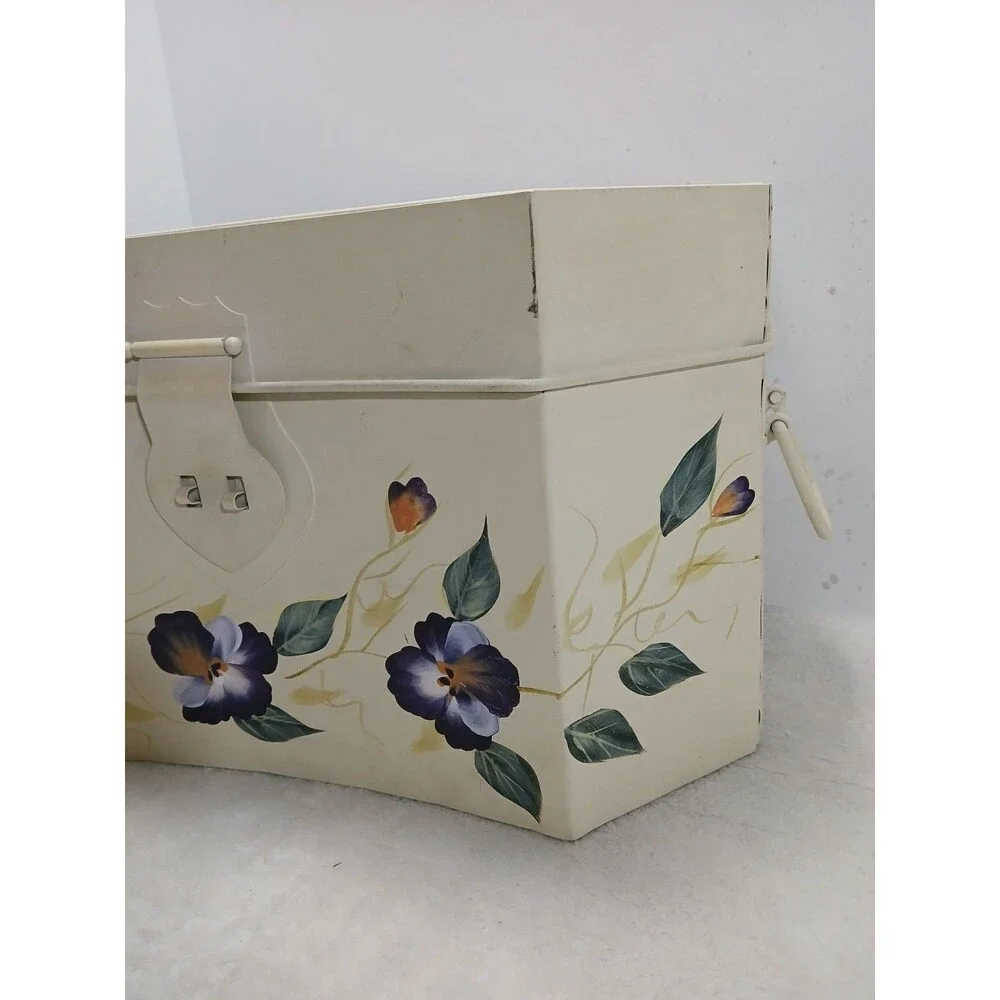 ​VINTAGE Hand Painted‎ Metal SEWING BOX CADDY Pansy Floral Trunk